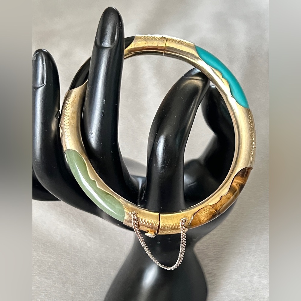 Vintage 14K Gold Multi-Stone Hinged Bangle Bracelet 25.63g